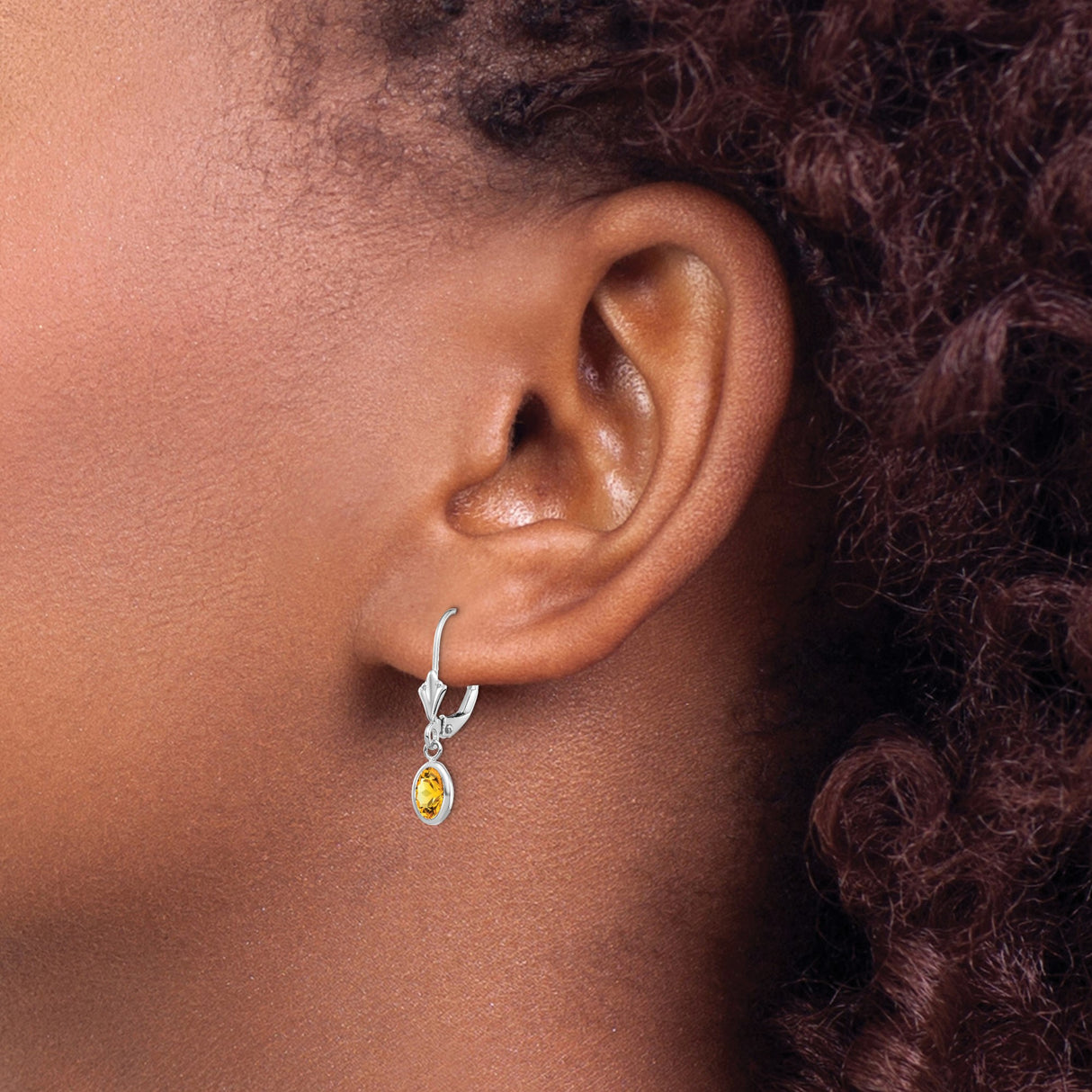 14k White Gold Drop Earrings with Oval Citrine in Bezel Setting, Leverback Design for Women