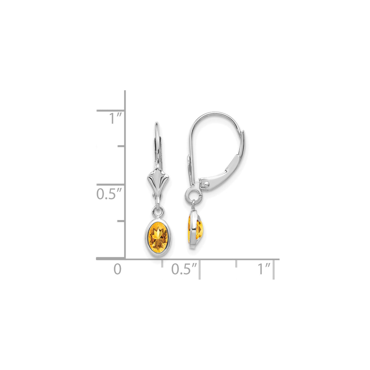 14k White Gold Drop Earrings with Oval Citrine in Bezel Setting, Leverback Design for Women