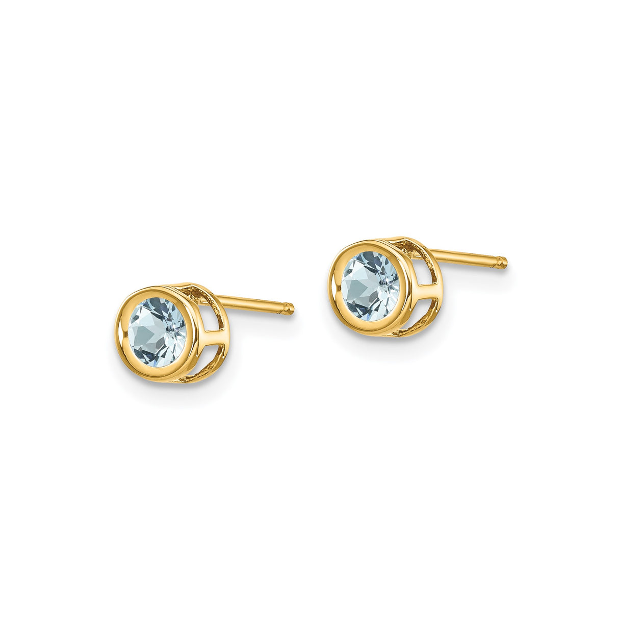 14k Yellow Gold Aquamarine Stud Earrings, Bezel Set Round Cut March Birthstone