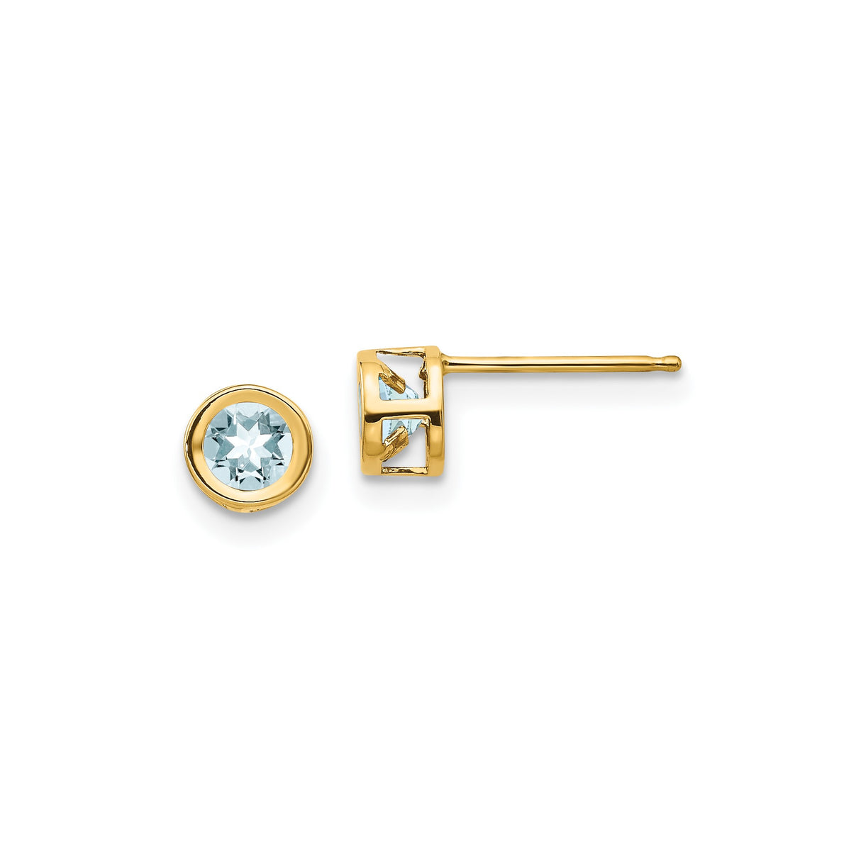 14k Yellow Gold Aquamarine Stud Earrings, Bezel Set Round Cut March Birthstone