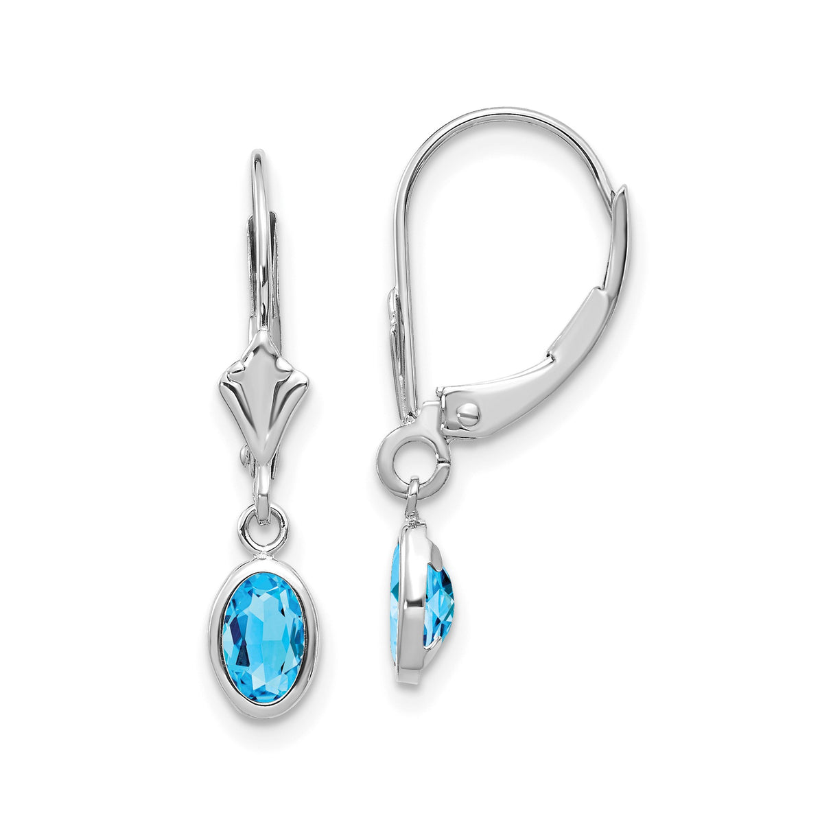 14k White Gold Drop Earrings with Oval Swiss Blue Topaz in Bezel Setting