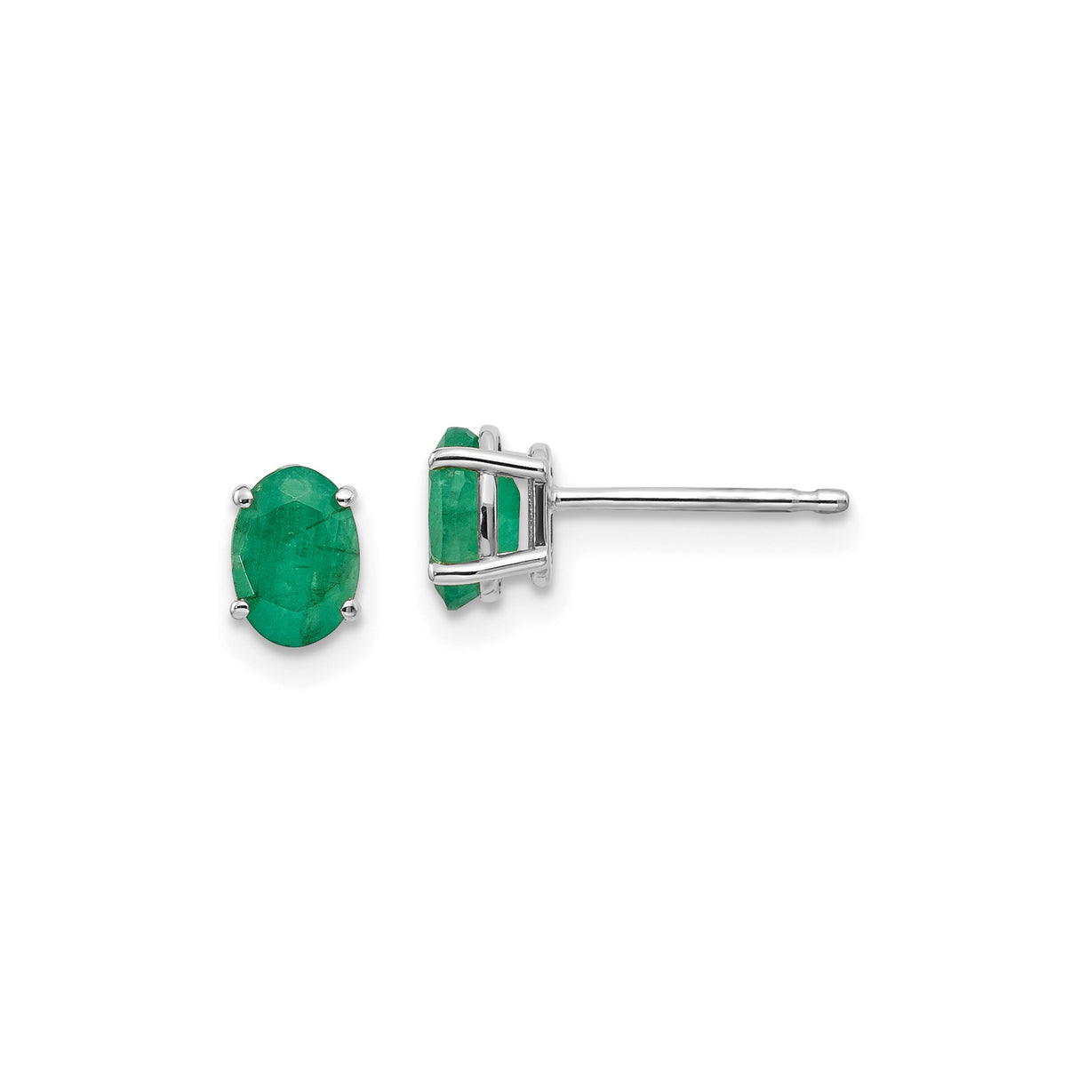14k White Gold Stud Earrings with Oval Cut Emeralds, Classic Four Prong Setting