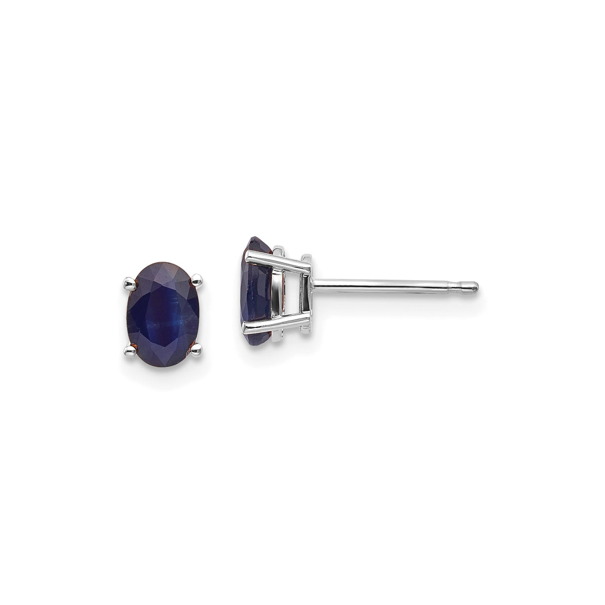 14k White Gold Sapphire Stud Earrings, Oval Deep Blue Gemstones in Four-Prong Setting