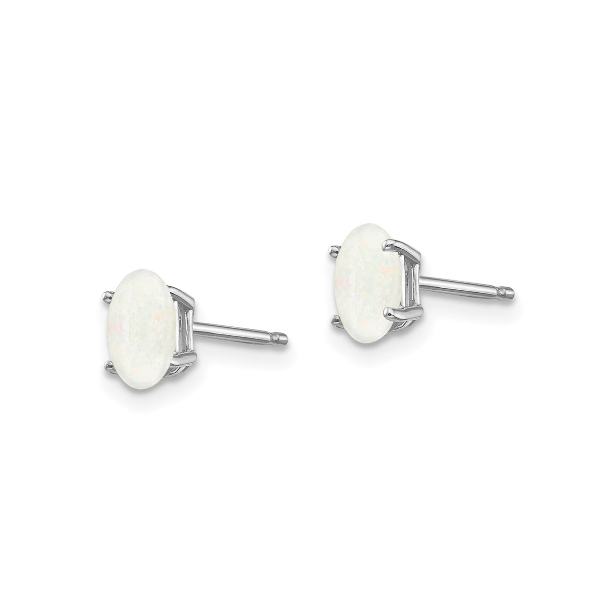 14k White Gold Stud Earrings with Oval White Opal in Four-Prong Setting