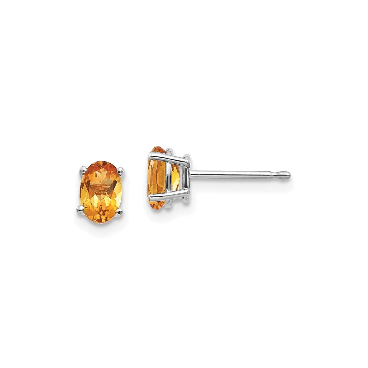 14k White Gold Citrine Stud Earrings, Oval Four Prong November Birthstone Jewelry
