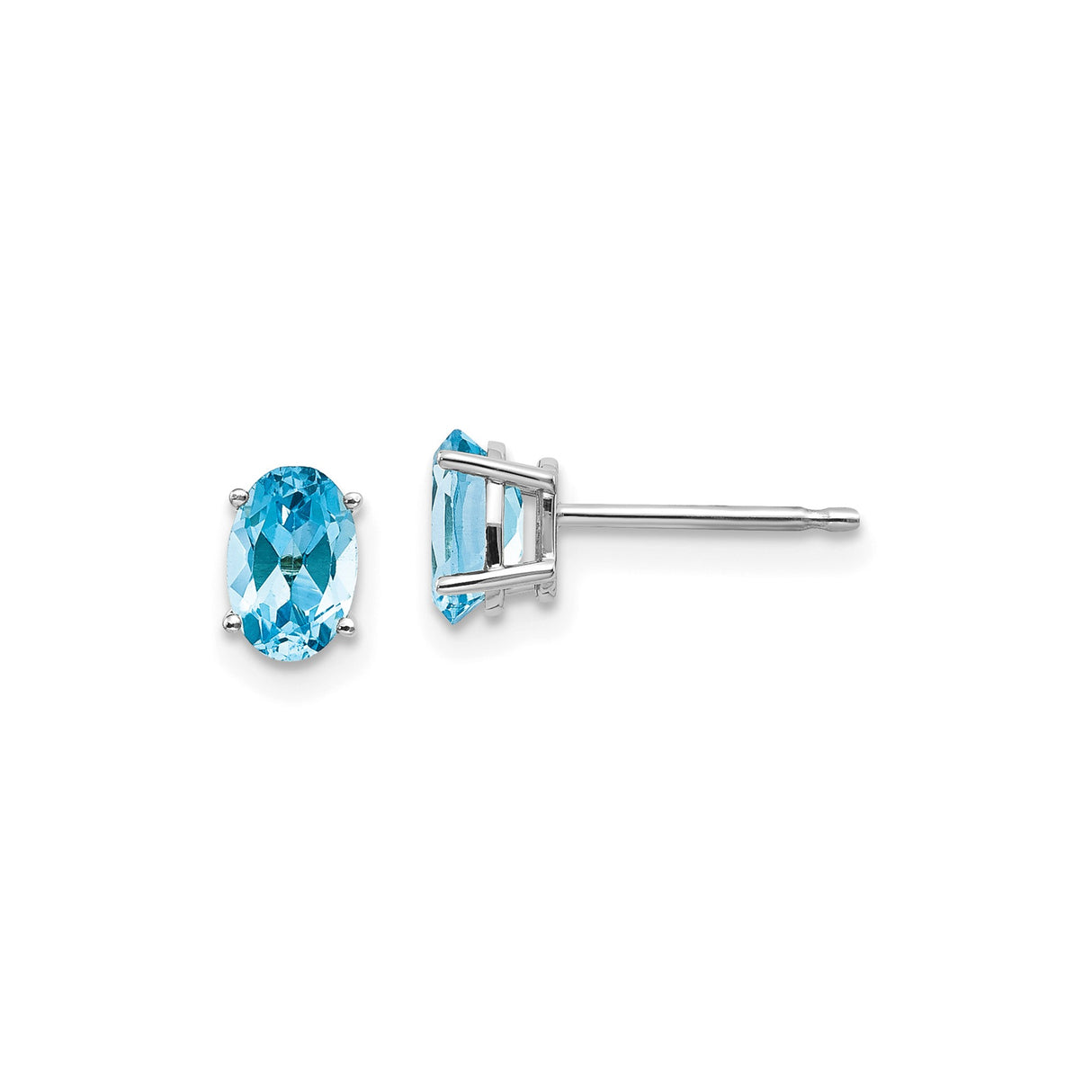 14k White Gold Stud Earrings with Oval Swiss Blue Topaz, Solitaire Minimalist Design