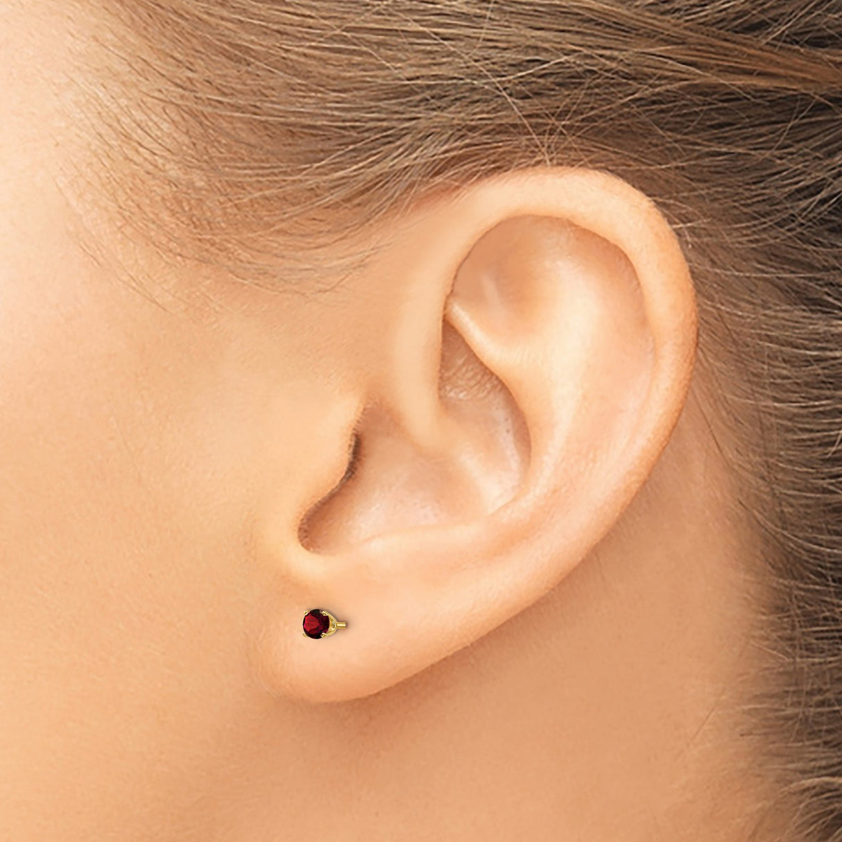 14k Yellow Gold Stud Earrings with Round Garnet, Four Prong Setting, Classic Minimalist Style