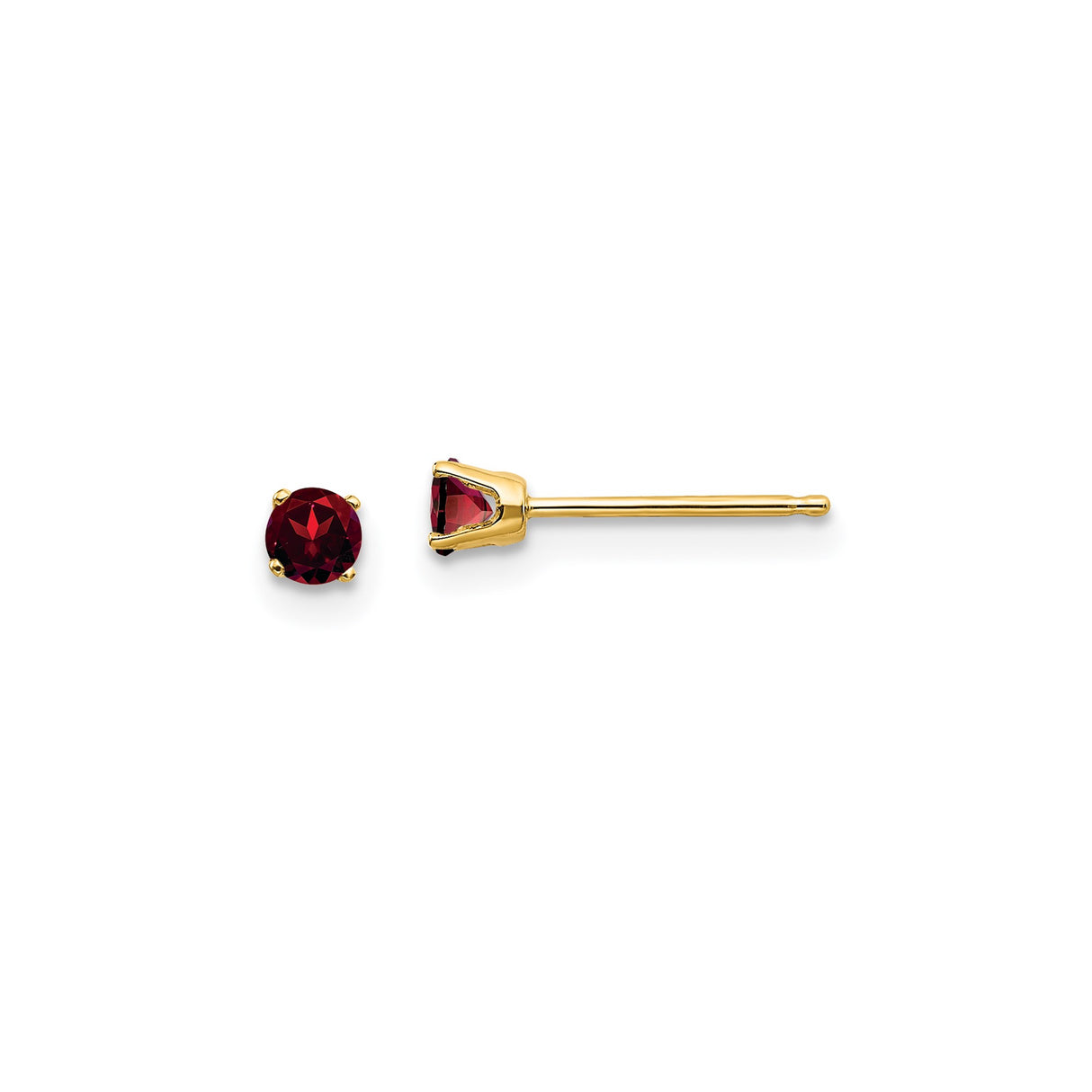 14k Yellow Gold Stud Earrings with Round Garnet, Four Prong Setting, Classic Minimalist Style