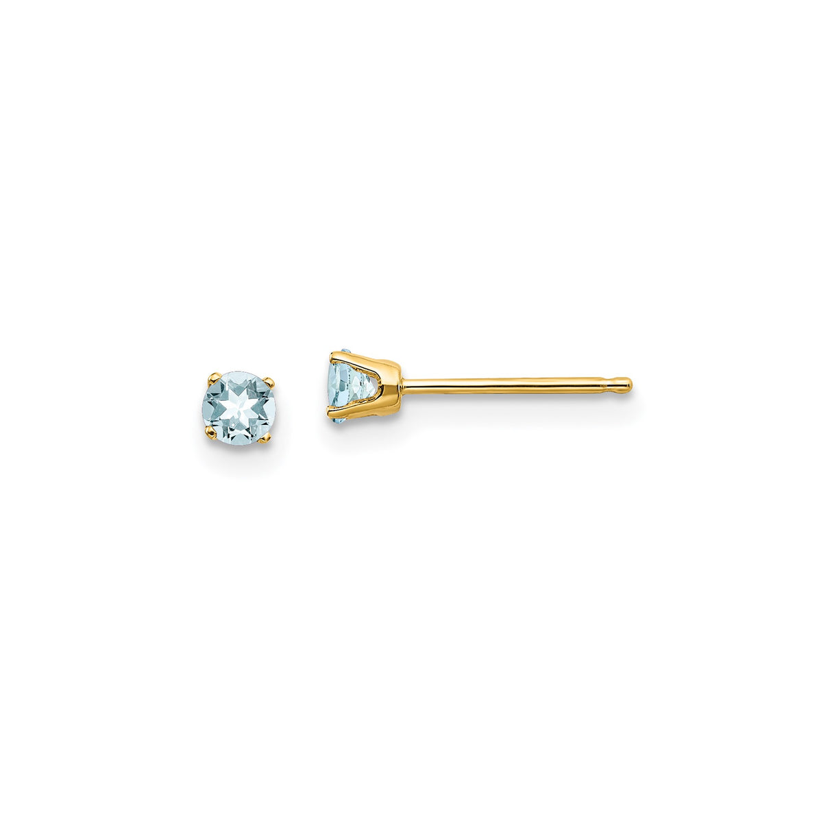 14k Yellow Gold Stud Earrings with Round Aquamarine in Four Prong Setting