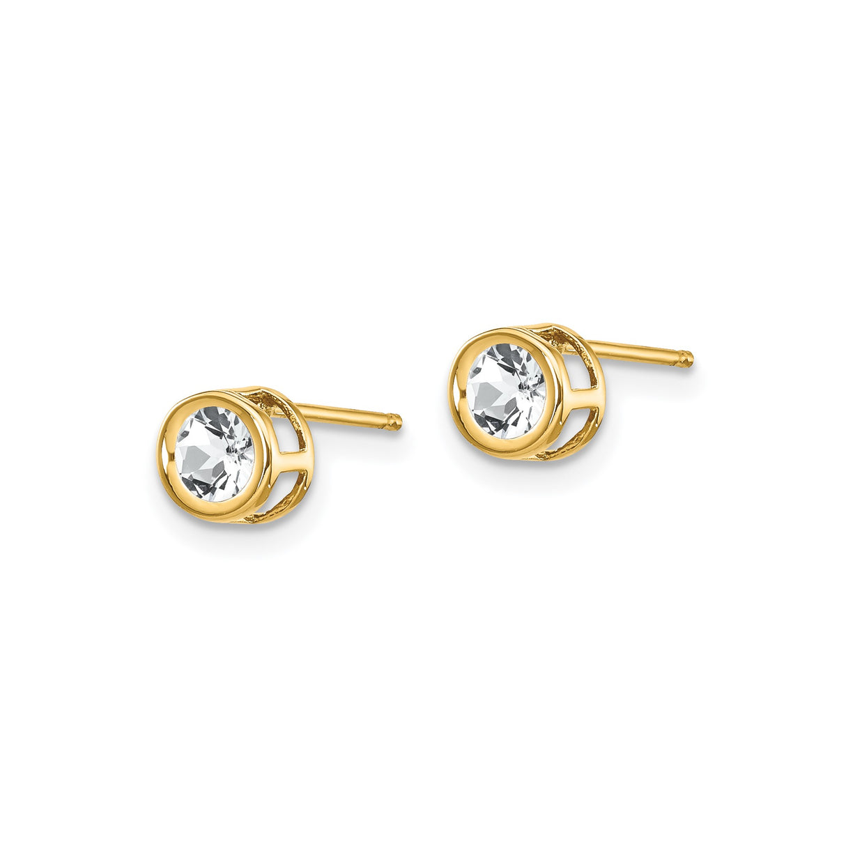 14k Yellow Gold Stud Earrings with Round White Topaz, Bezel Setting, Minimalist Design