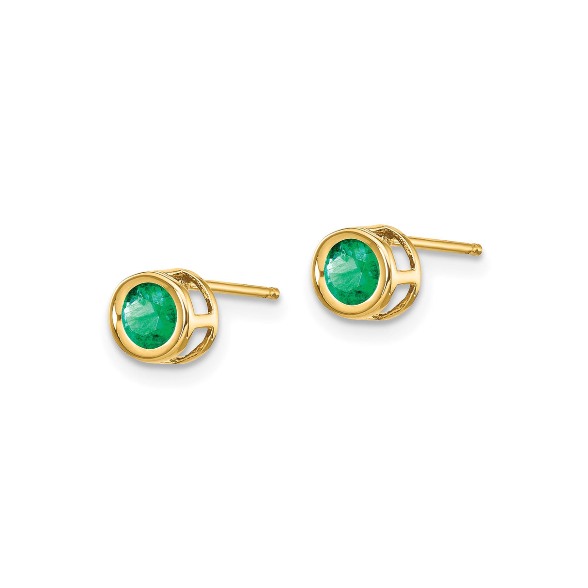 14k Yellow Gold Stud Earrings with Round Emerald in Bezel Setting, Classic Design for Women