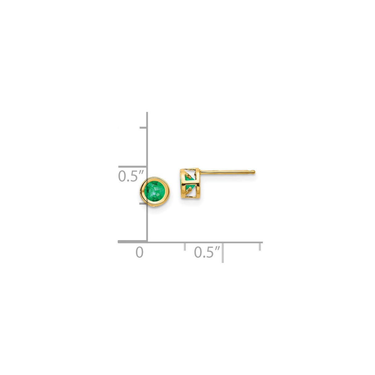 14k Yellow Gold Stud Earrings with Round Emerald in Bezel Setting, Classic Design for Women