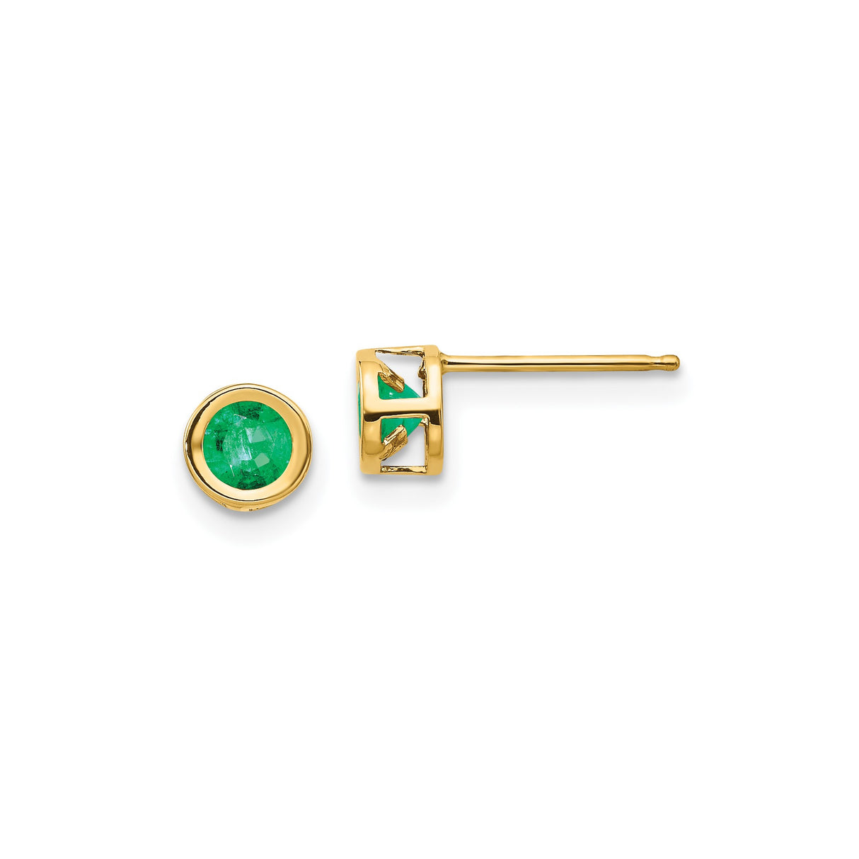 14k Yellow Gold Stud Earrings with Round Emerald in Bezel Setting, Classic Design for Women
