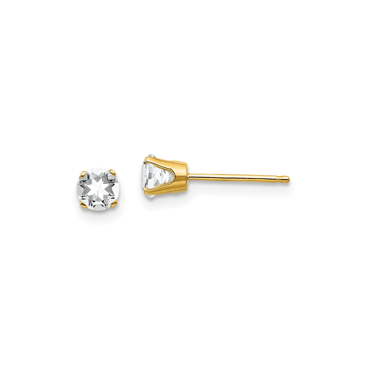 14k Yellow Gold Stud Earrings with Round White Topaz in Classic Four Prong Setting