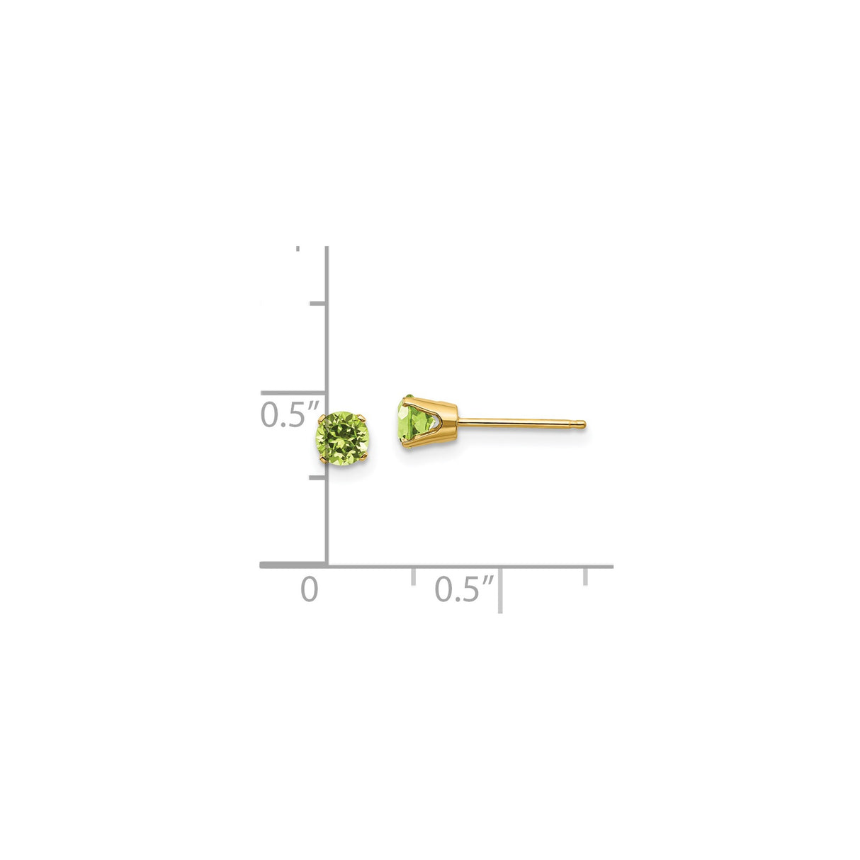 14k Yellow Gold Stud Earrings with Peridot, Round August Birthstone, Classic Four Prong Setting