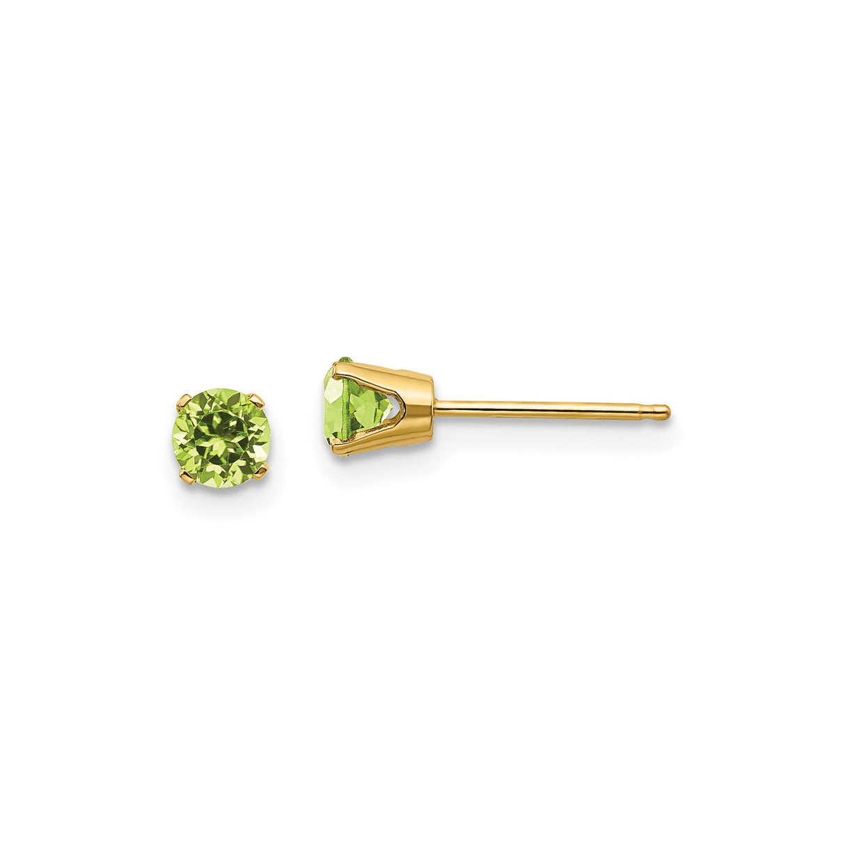 14k Yellow Gold Stud Earrings with Peridot, Round August Birthstone, Classic Four Prong Setting