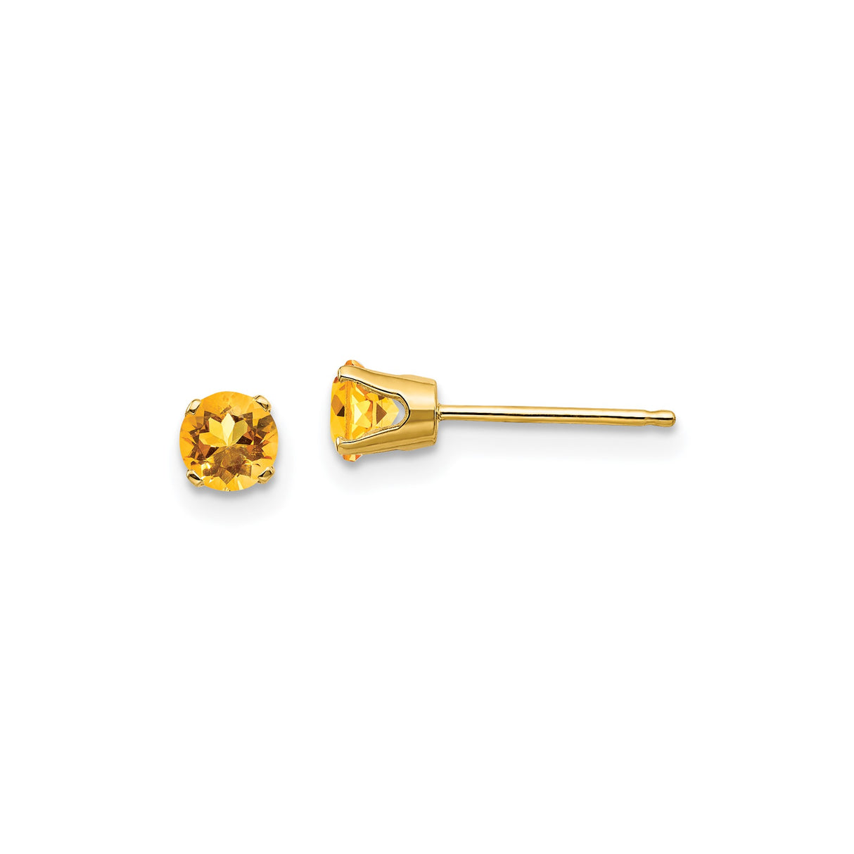 14k Yellow Gold Stud Earrings with Round Citrine in Four Prong Setting, Minimalist Style