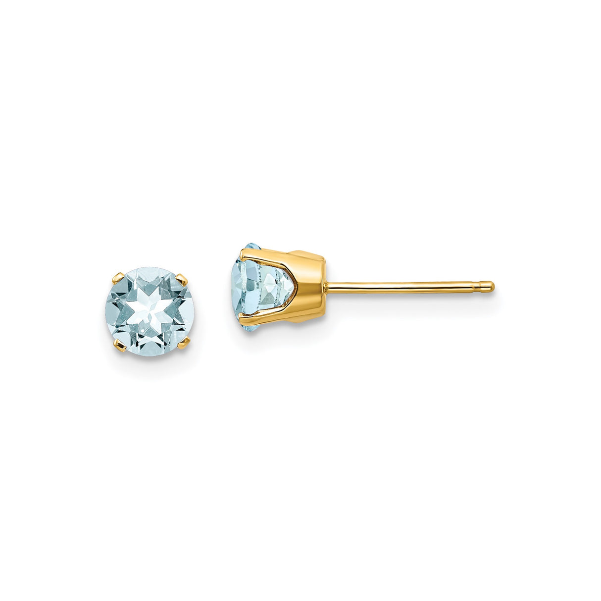 14k Yellow Gold Stud Earrings with Aquamarine, Round Cut, Classic Minimalist Style for Women