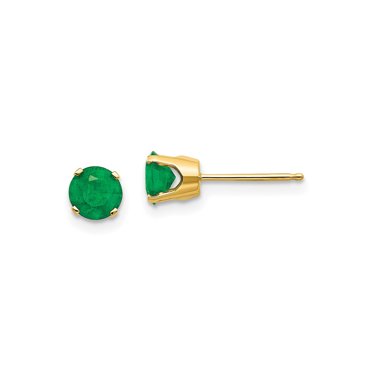 14k Yellow Gold Emerald Stud Earrings, Round Cut Four Prong May Birthstone Jewelry