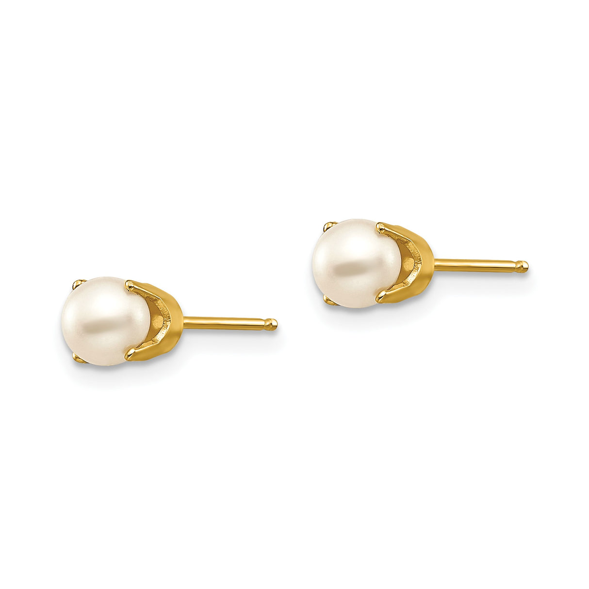 14k Yellow Gold Pearl Stud Earrings with Round White Cultured Pearls, Classic Minimalist Style