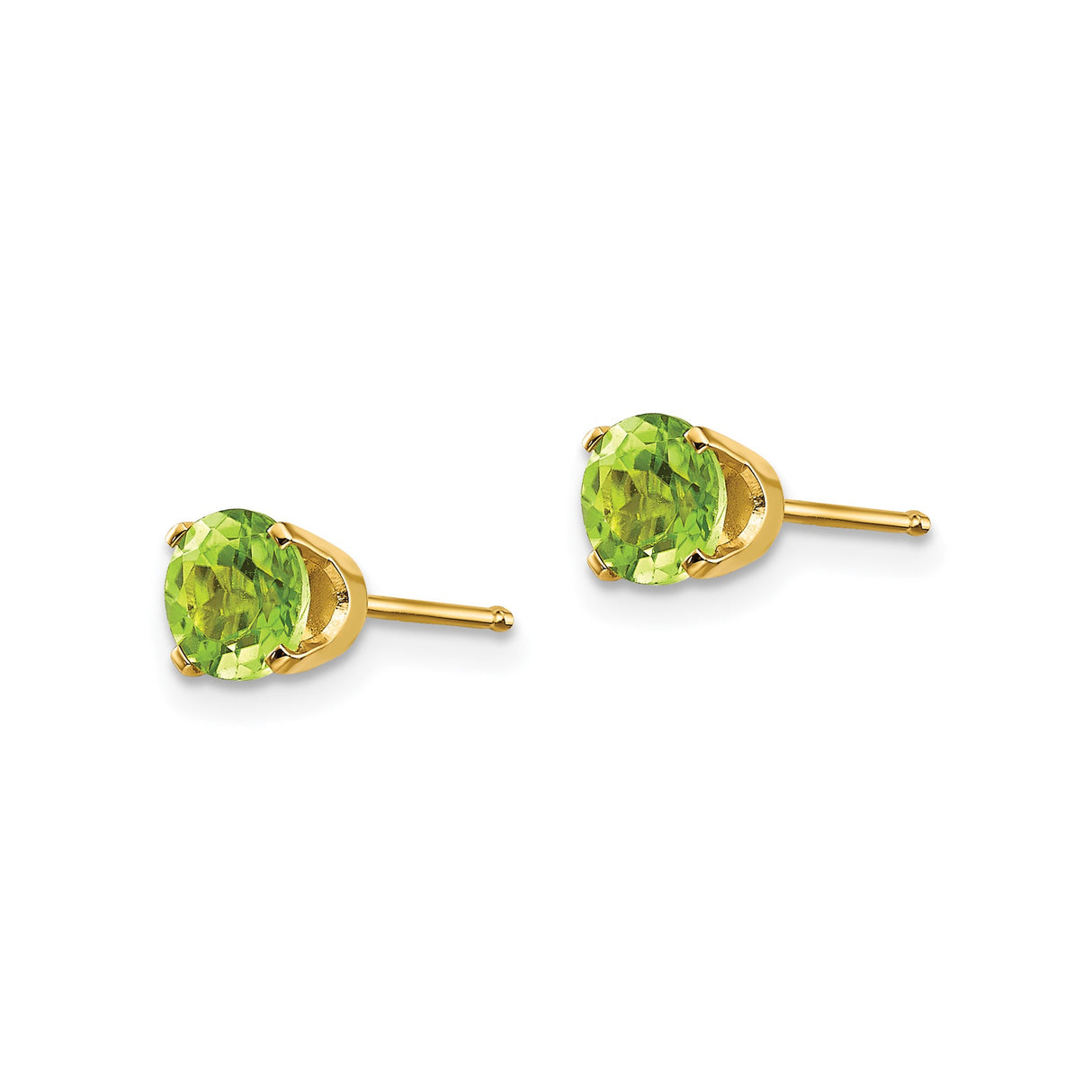 14k Yellow Gold Stud Earrings with Round Peridot in Four Prong Setting, August Birthstone