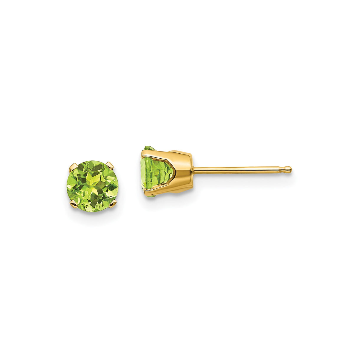 14k Yellow Gold Stud Earrings with Round Peridot in Four Prong Setting, August Birthstone