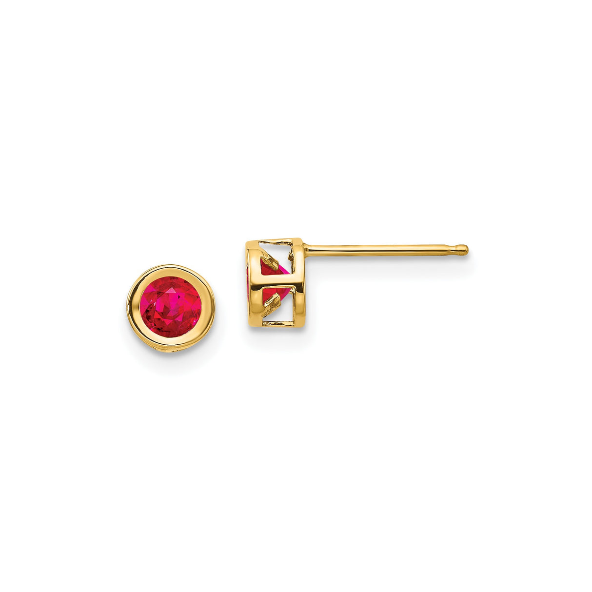 14k Yellow Gold Stud Earrings with Ruby, Round Bezel Set, Minimalist Design for Women