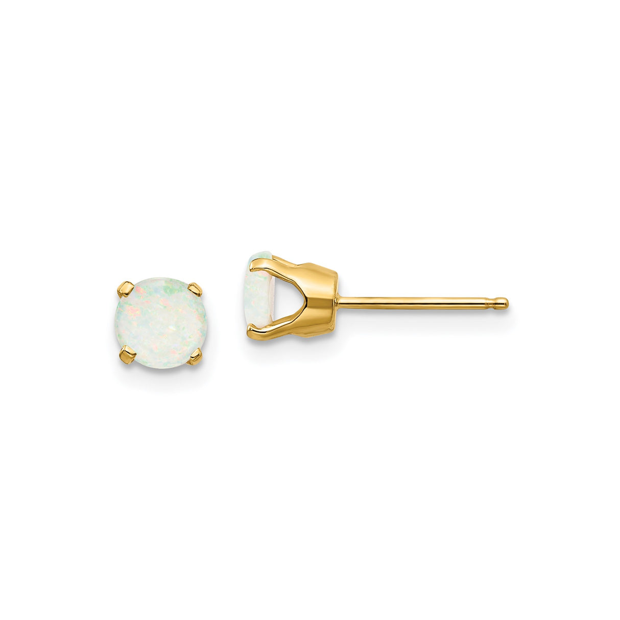 14k Yellow Gold Stud Earrings with Round Opal, Four Prong Setting, Minimalist Design for Women