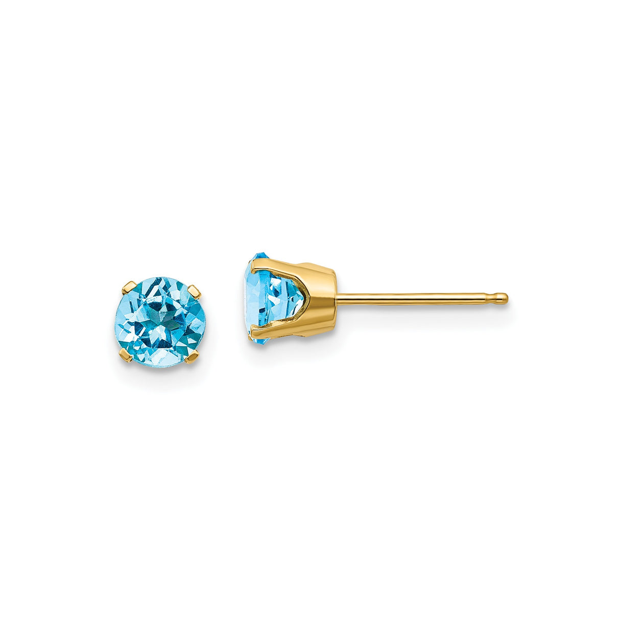 14k Yellow Gold Stud Earrings with Round Swiss Blue Topaz, Minimalist Classic Style