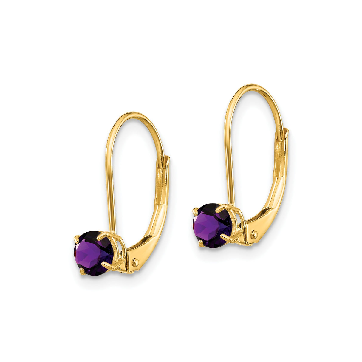 14k Yellow Gold Leverback Earrings with Round Amethyst, Drop Design for Women