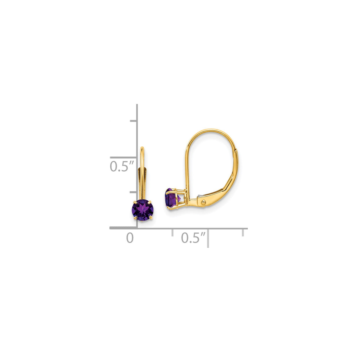 14k Yellow Gold Leverback Earrings with Round Amethyst, Drop Design for Women