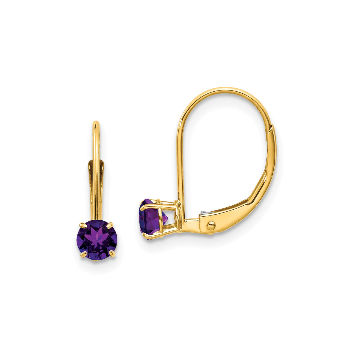 14k Yellow Gold Leverback Earrings with Round Amethyst, Drop Design for Women