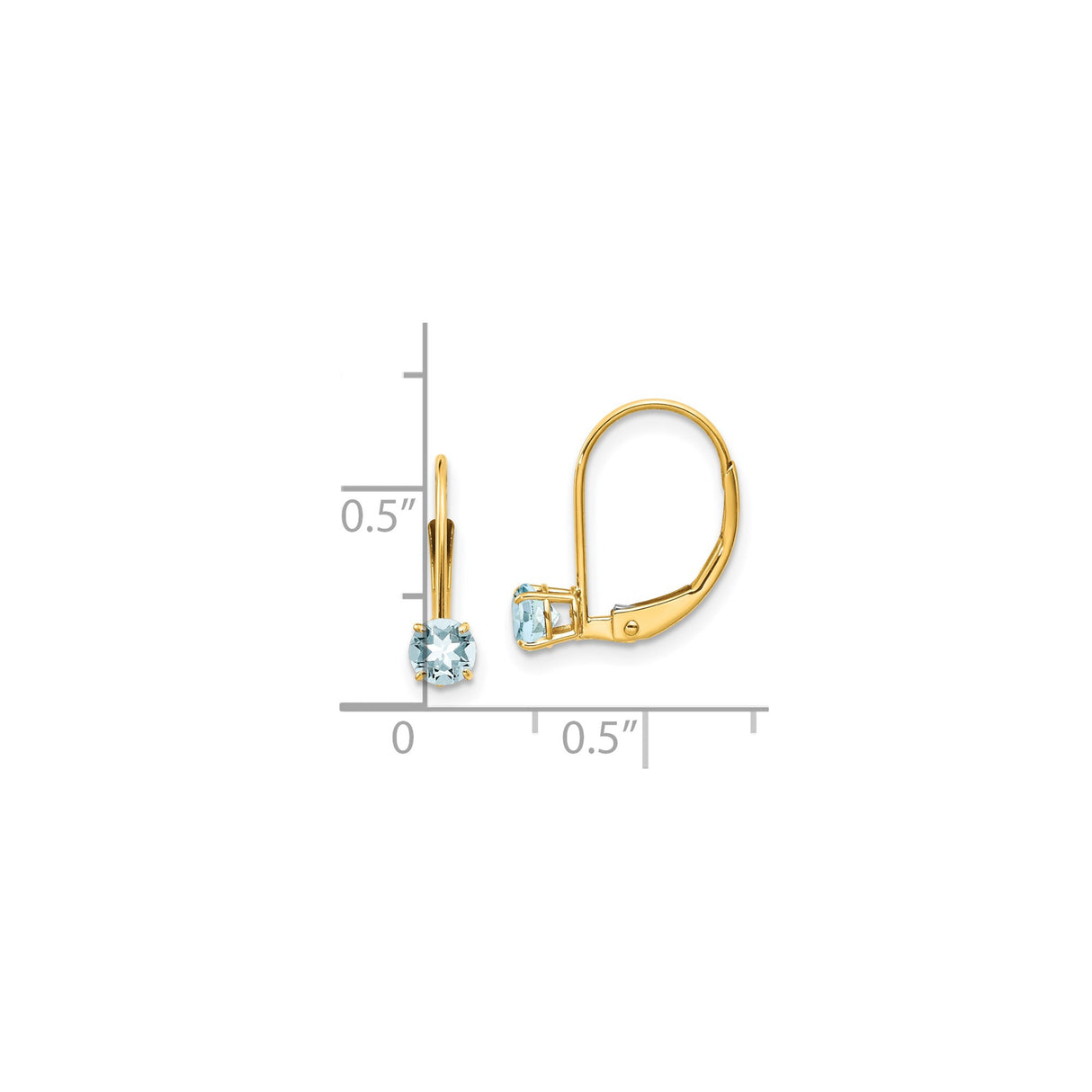 14k Yellow Gold Leverback Earrings with Round Aquamarine, Dainty Drop Design for Women