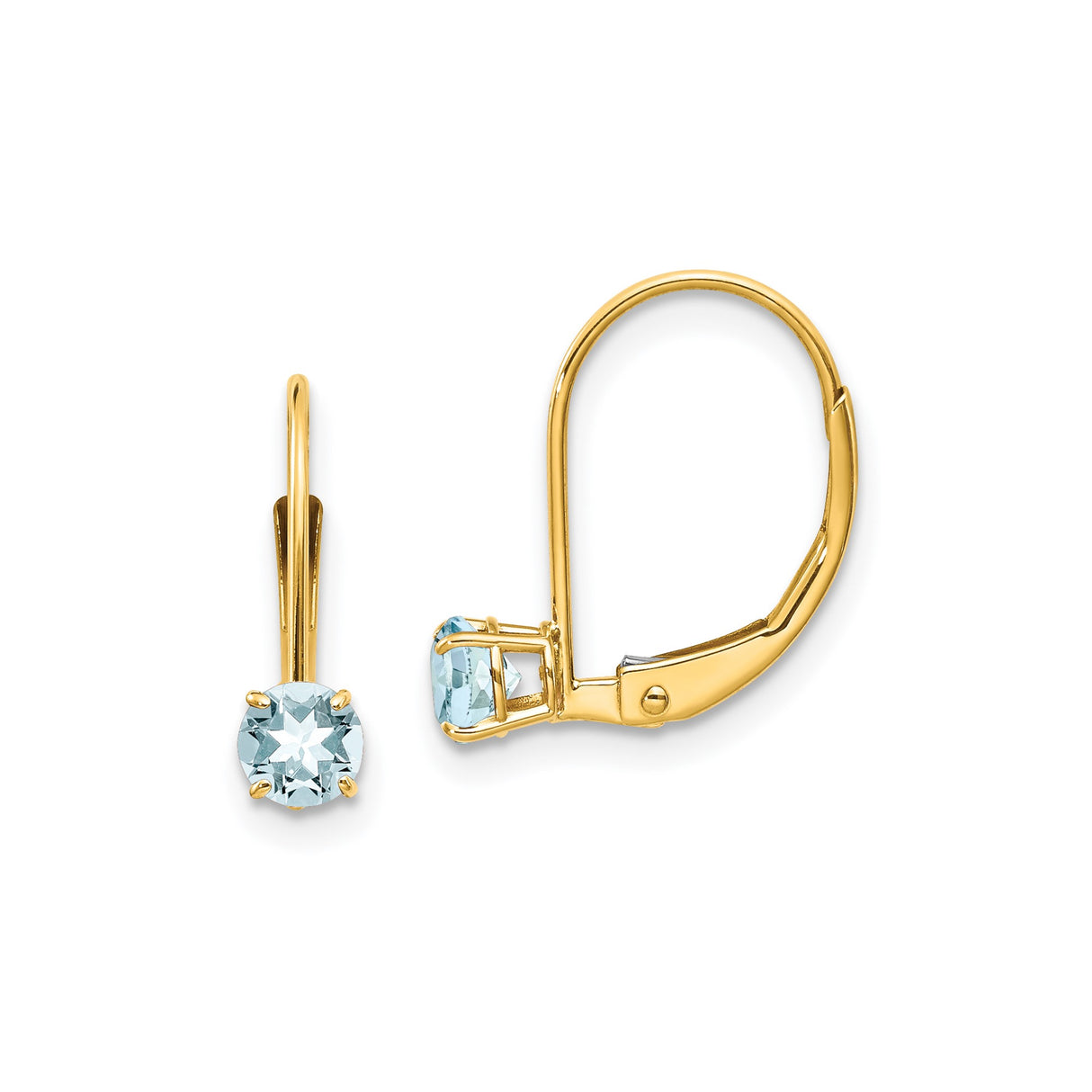 14k Yellow Gold Leverback Earrings with Round Aquamarine, Dainty Drop Design for Women