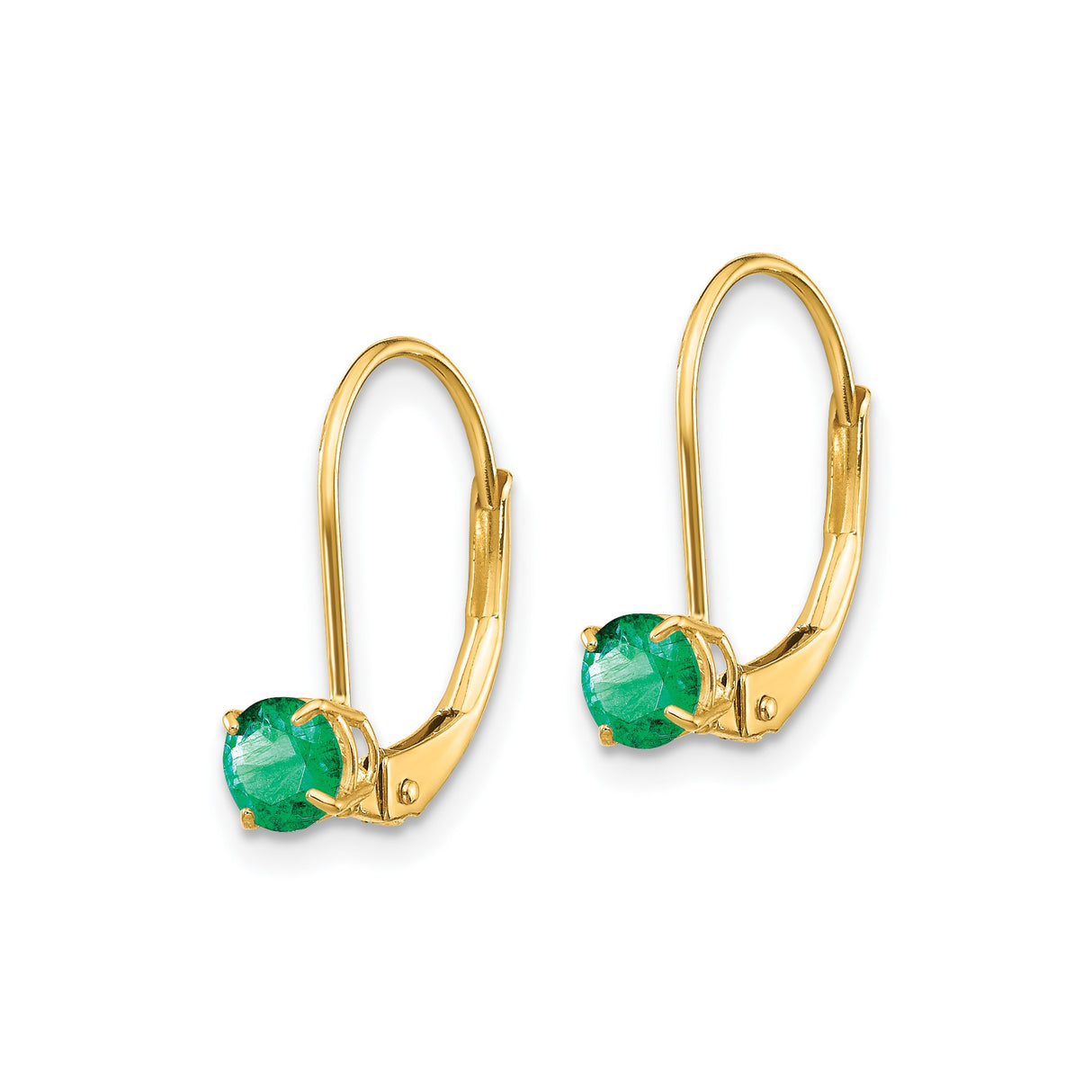 14k Yellow Gold Leverback Drop Earrings with Round Cut Emeralds, Classic Dangle Design for Women