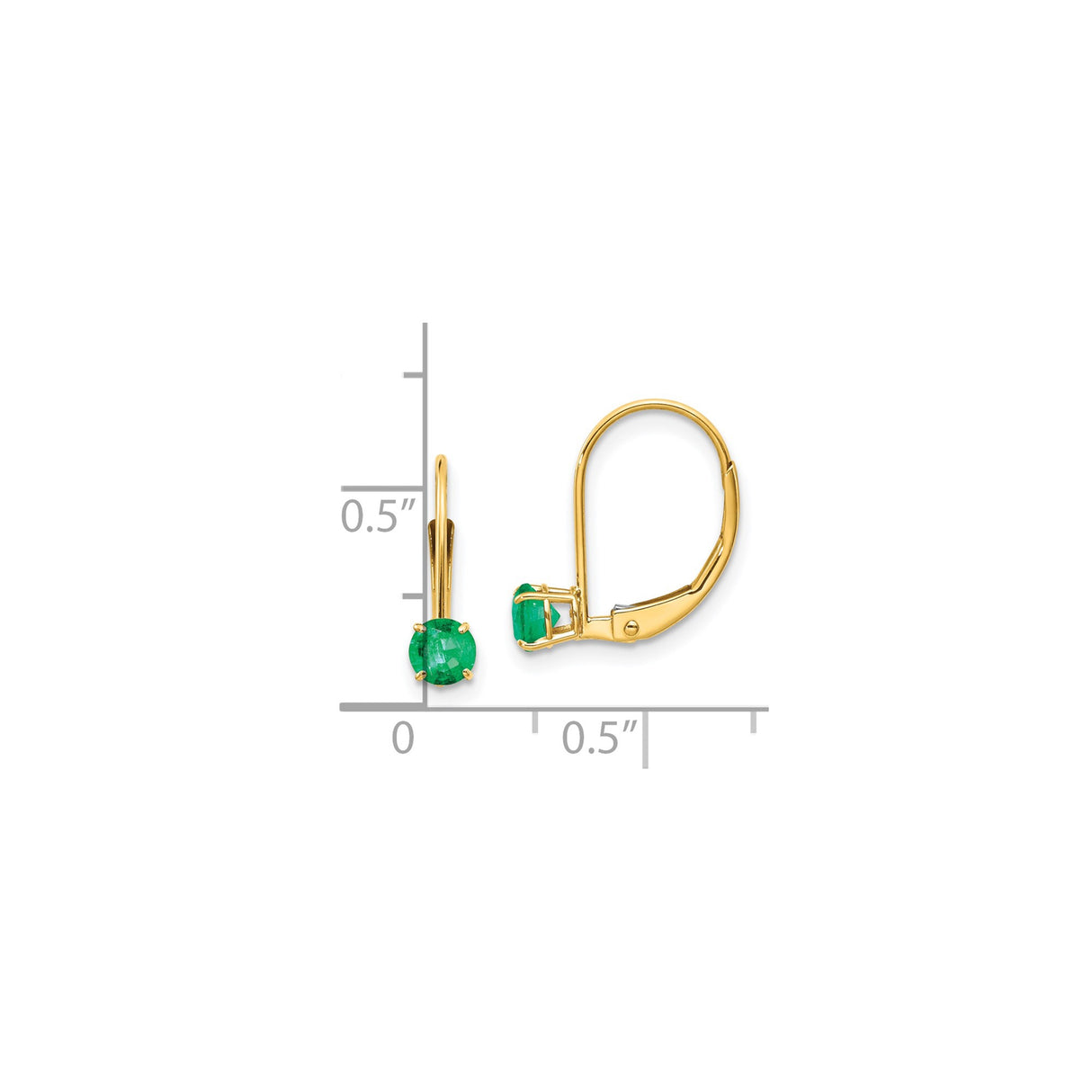 14k Yellow Gold Leverback Drop Earrings with Round Cut Emeralds, Classic Dangle Design for Women