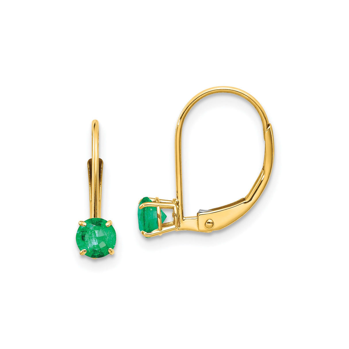 14k Yellow Gold Leverback Drop Earrings with Round Cut Emeralds, Classic Dangle Design for Women