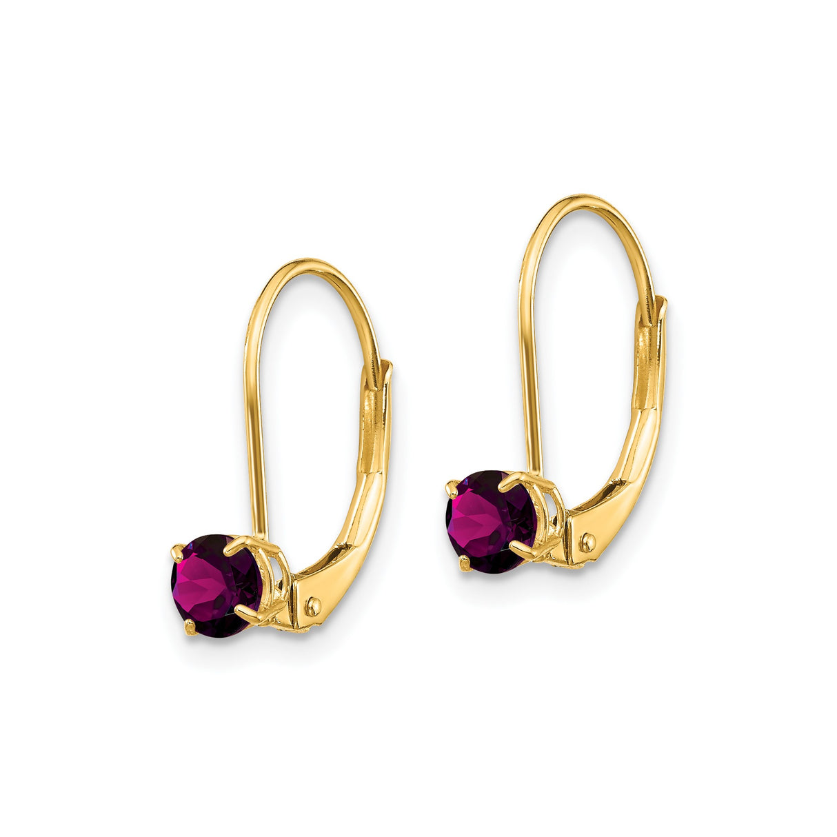 14k Yellow Gold Leverback Earrings with Round Rhodolite Garnet, Classic Minimal Design