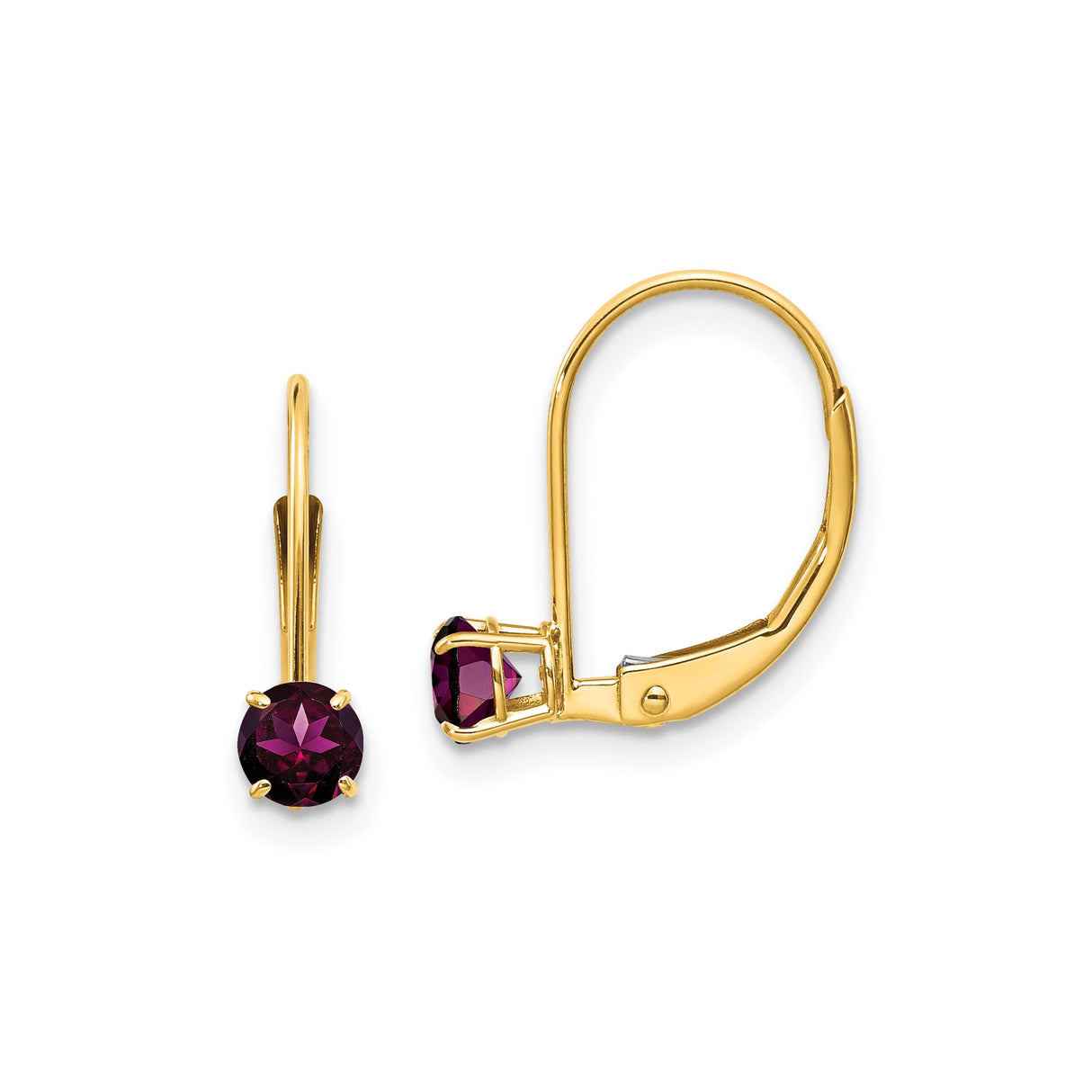 14k Yellow Gold Leverback Earrings with Round Rhodolite Garnet, Classic Minimal Design