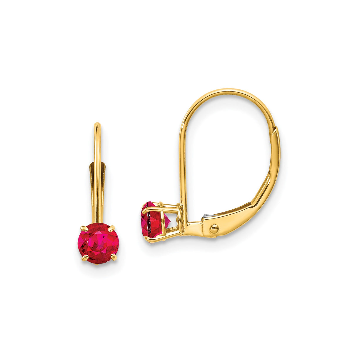 14k Yellow Gold Leverback Earrings with Ruby, Classic Drop Design for Women