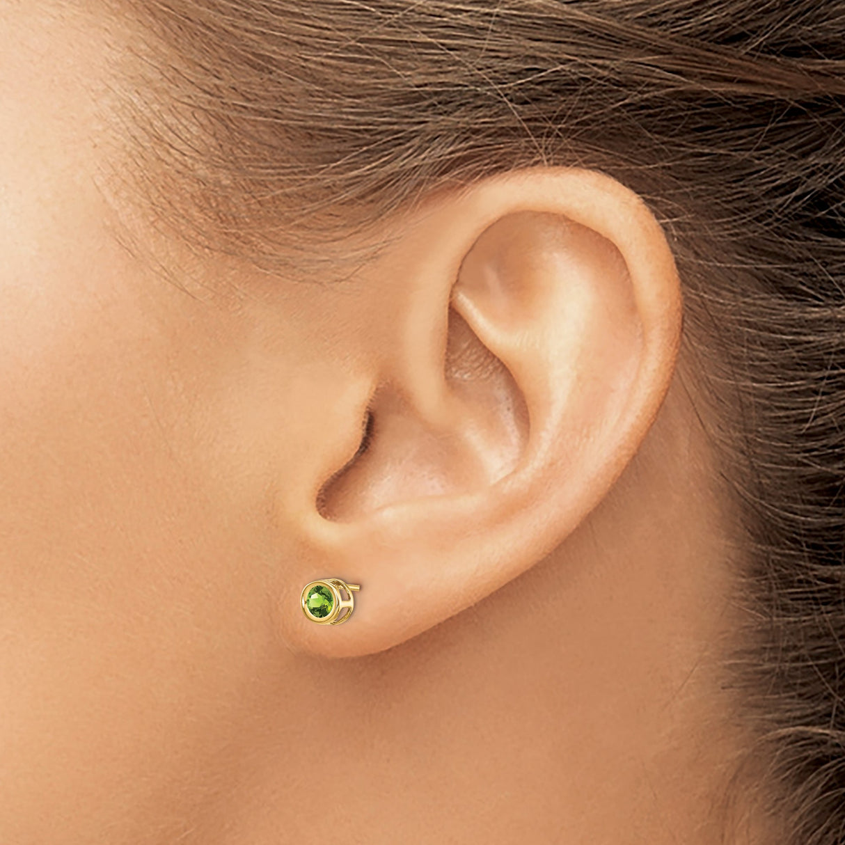 14k Yellow Gold Stud Earrings with Peridot, Bezel Set Minimalist August Birthstone Jewelry