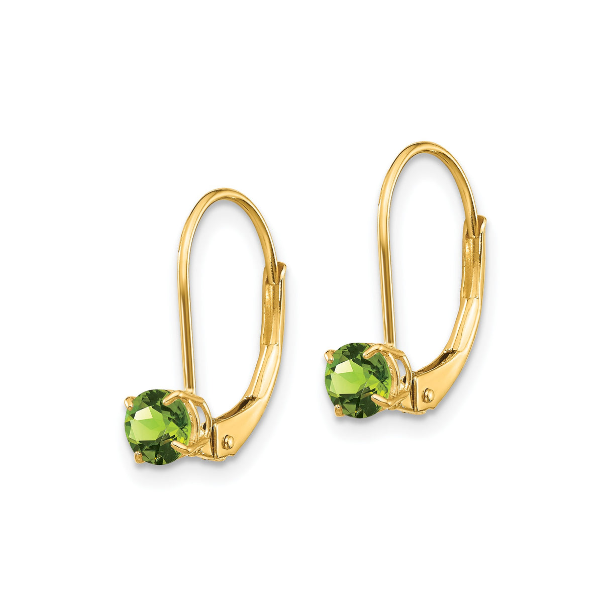 14k Yellow Gold Leverback Earrings with Round Peridot in Prong Setting, Dangle Style