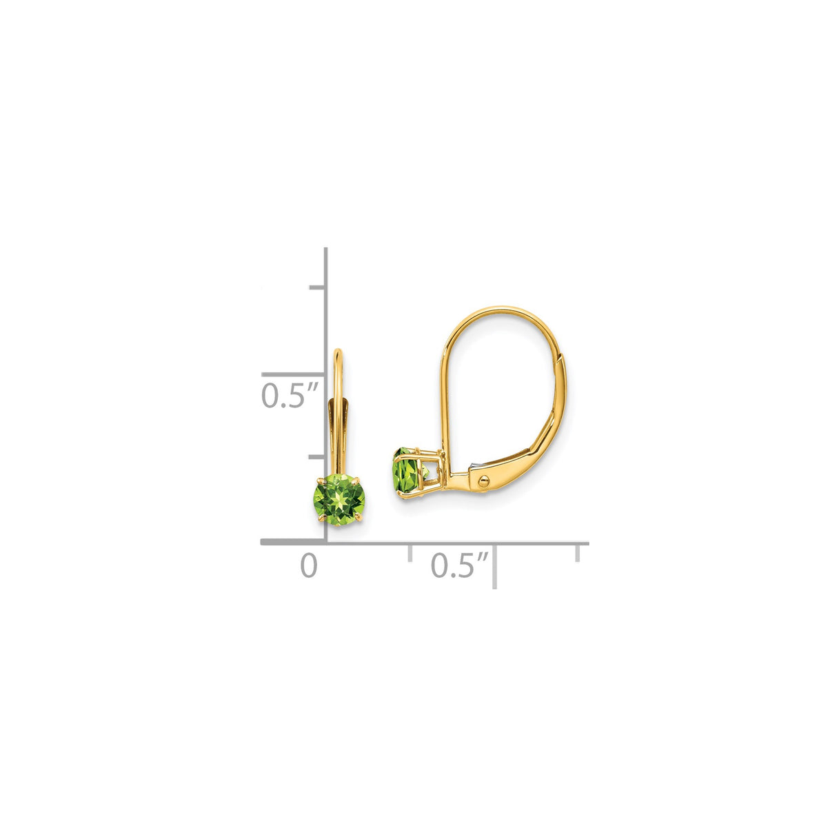 14k Yellow Gold Leverback Earrings with Round Peridot in Prong Setting, Dangle Style