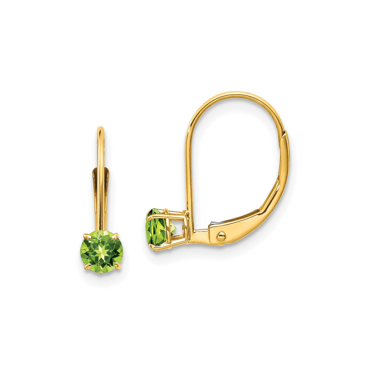 14k Yellow Gold Leverback Earrings with Round Peridot in Prong Setting, Dangle Style
