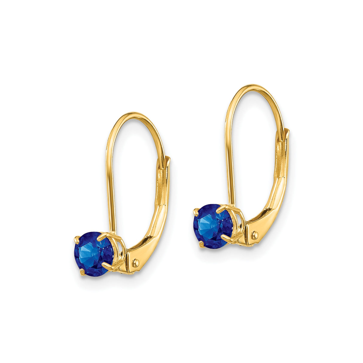 14k Yellow Gold Leverback Earrings with Round Blue Sapphire in Prong Setting, Classic Drop Design