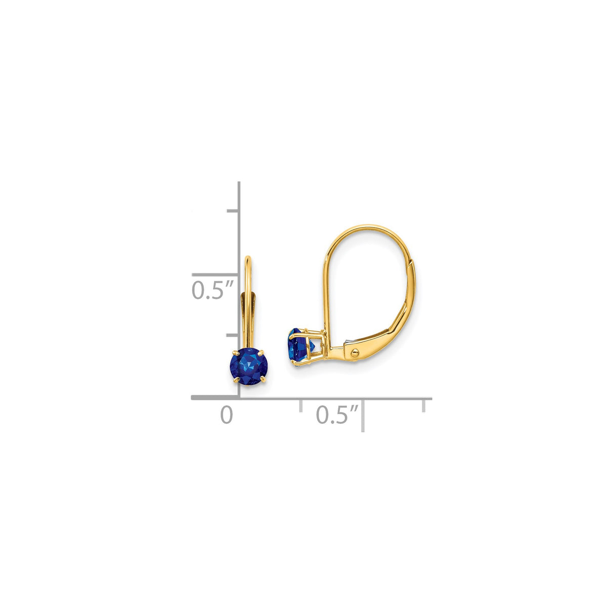 14k Yellow Gold Leverback Earrings with Round Blue Sapphire in Prong Setting, Classic Drop Design