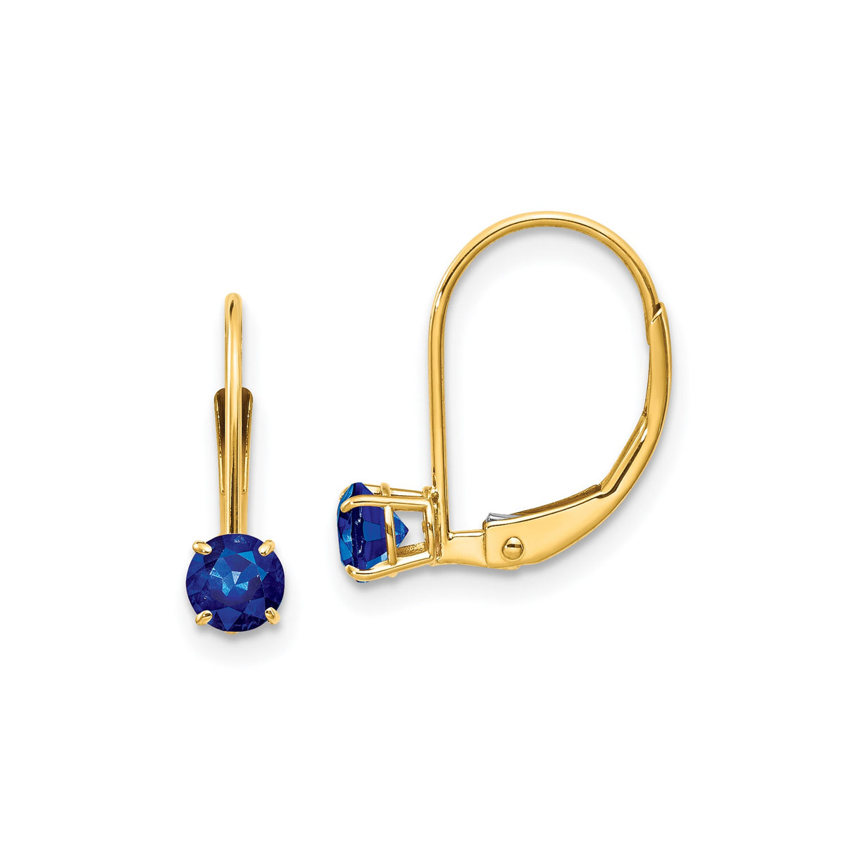 14k Yellow Gold Leverback Earrings with Round Blue Sapphire in Prong Setting, Classic Drop Design