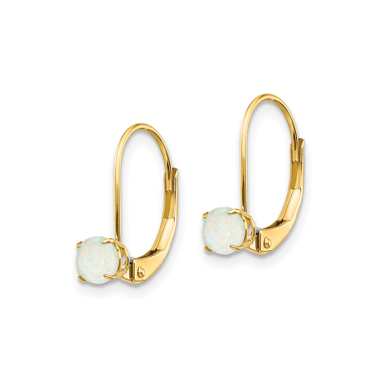 14k Yellow Gold Leverback Earrings with Round Opal in Prong Setting, Minimalist Drop Style