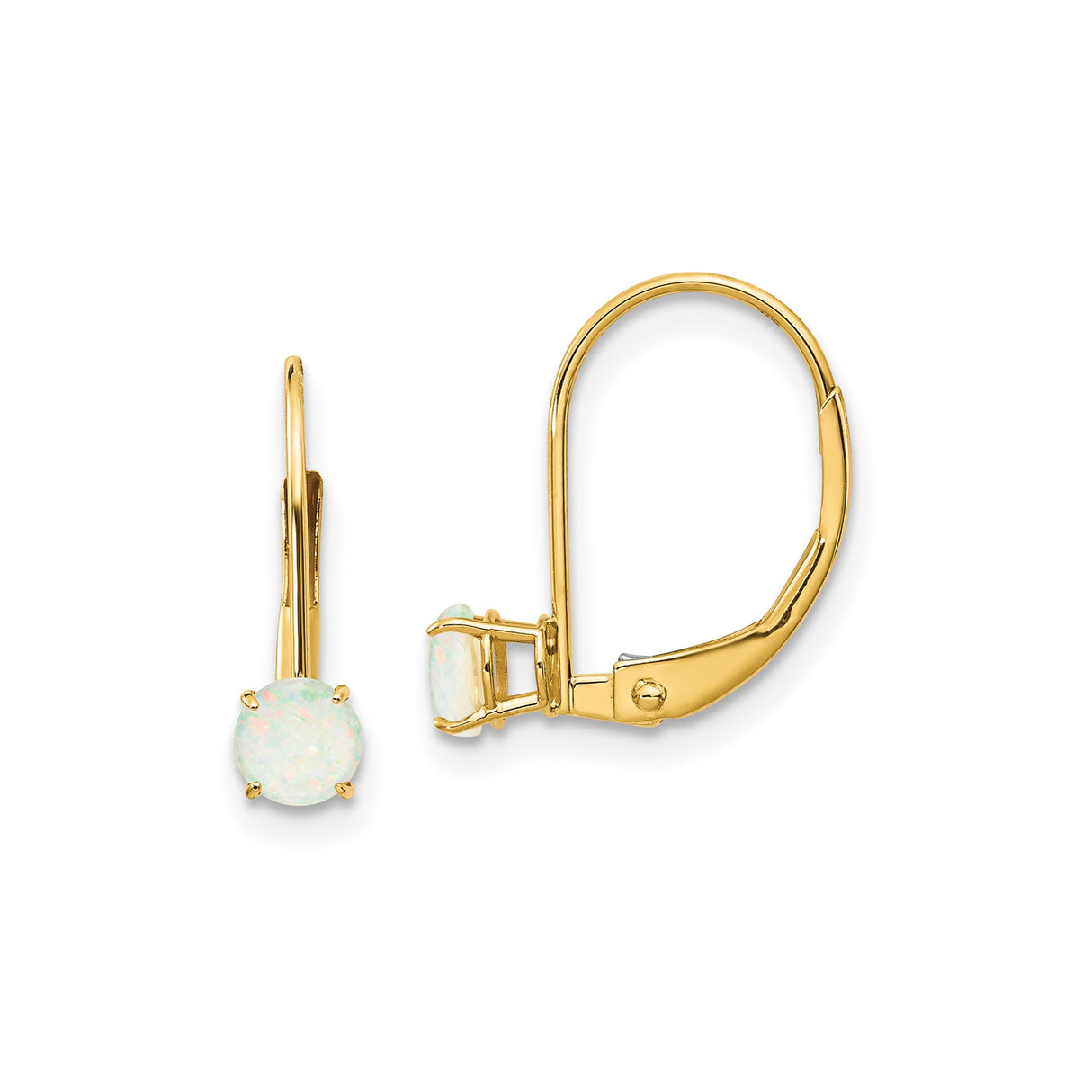14k Yellow Gold Leverback Earrings with Round Opal in Prong Setting, Minimalist Drop Style