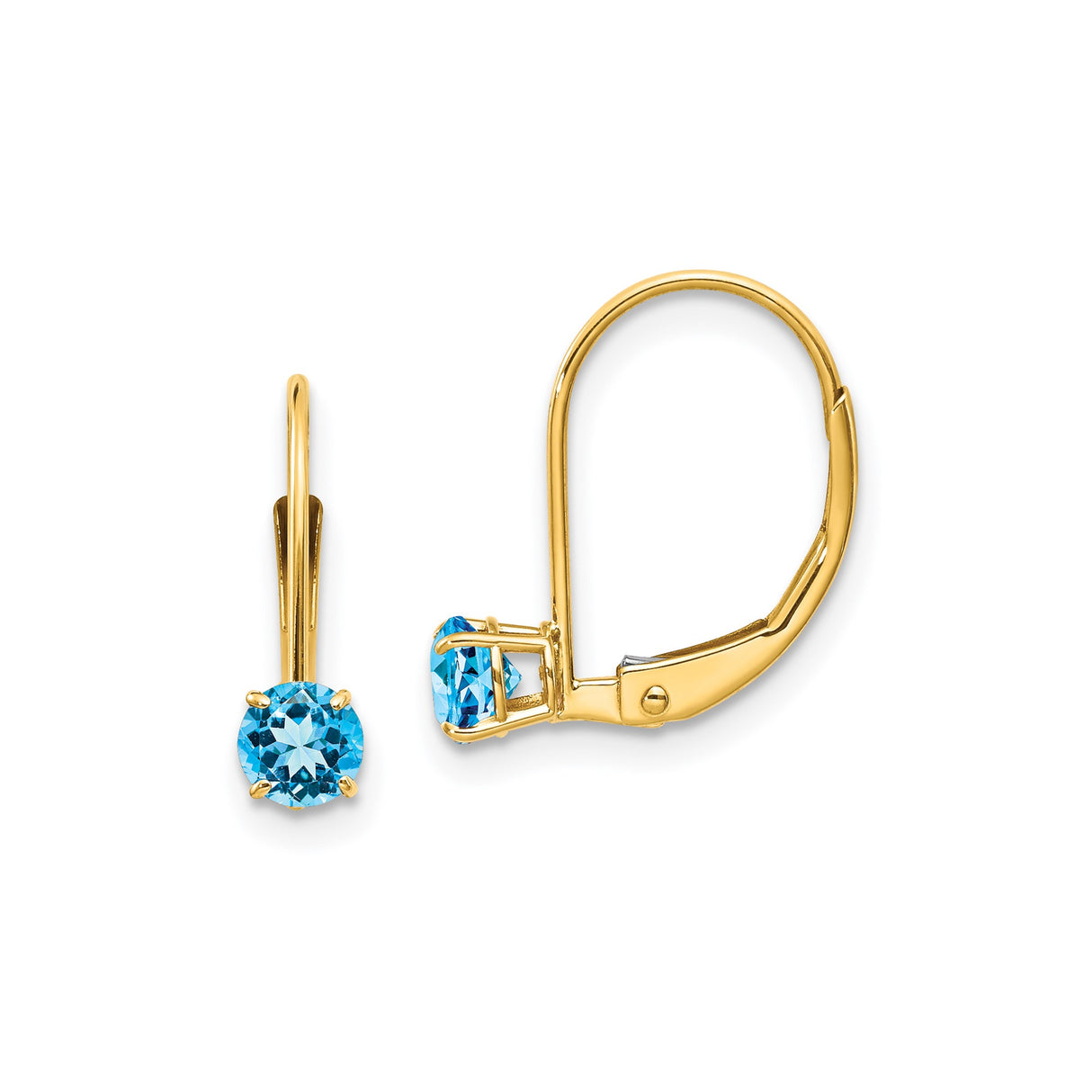 14k Yellow Gold Leverback Earrings with Swiss Blue Topaz, Minimalist Dangle Design